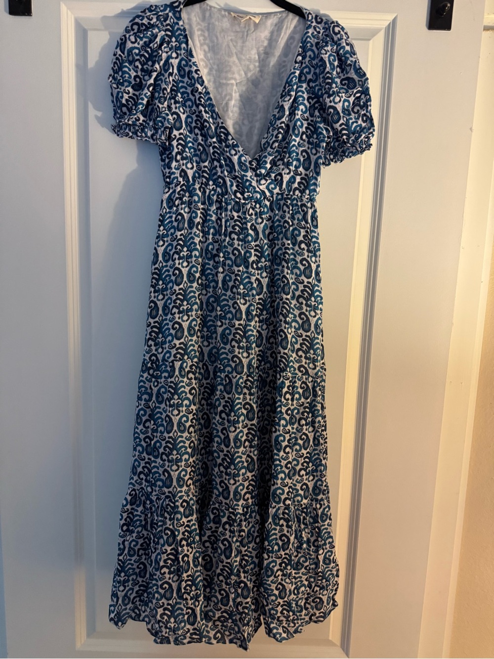 Celina Moon Small Blue and White V-Neck Paisley Pattern Dress